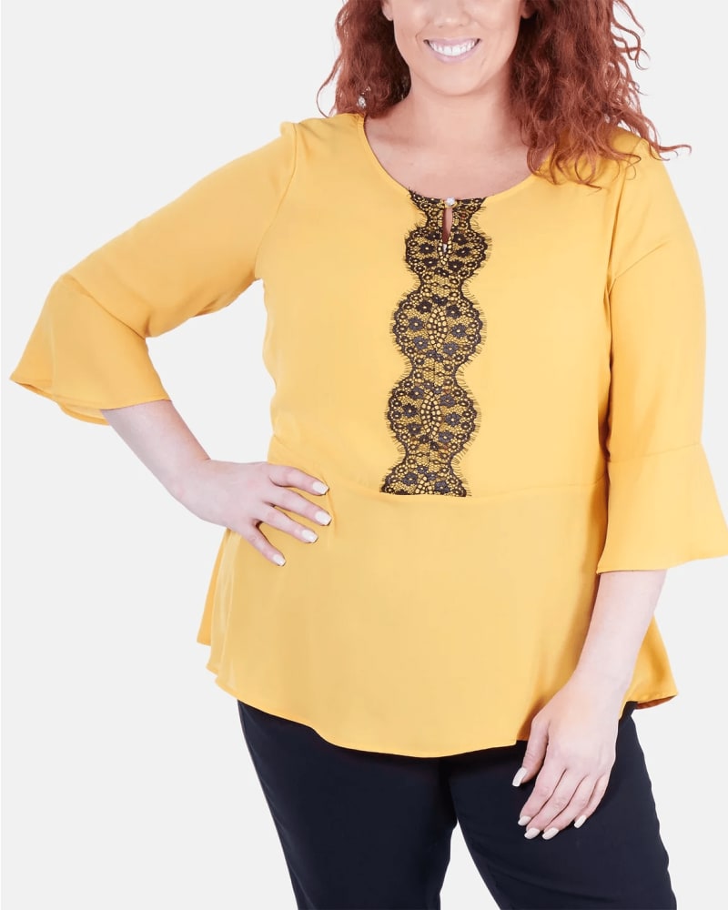 Front of a model wearing a size XL NY Collection Women's Plus Size Lace-Trim Peplum Blouse Yellow Size Extra Large in Yellow by NY Collection. | dia_product_style_image_id:314704